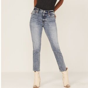 DAZE WOMEN'S MEDIUM WASH HIGH RISE DEEP DIVE SLIM STRAIGHT JEANS